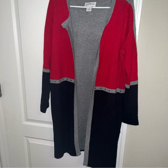 Peck & Peck Studded Red and Black Open Front Cardigan - Picture 1 of 3